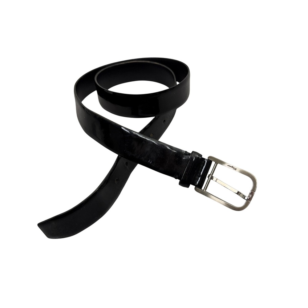 Salvatore Ferragamo Belt Mens 36 Black Patent Leather Silver Buckle Designer